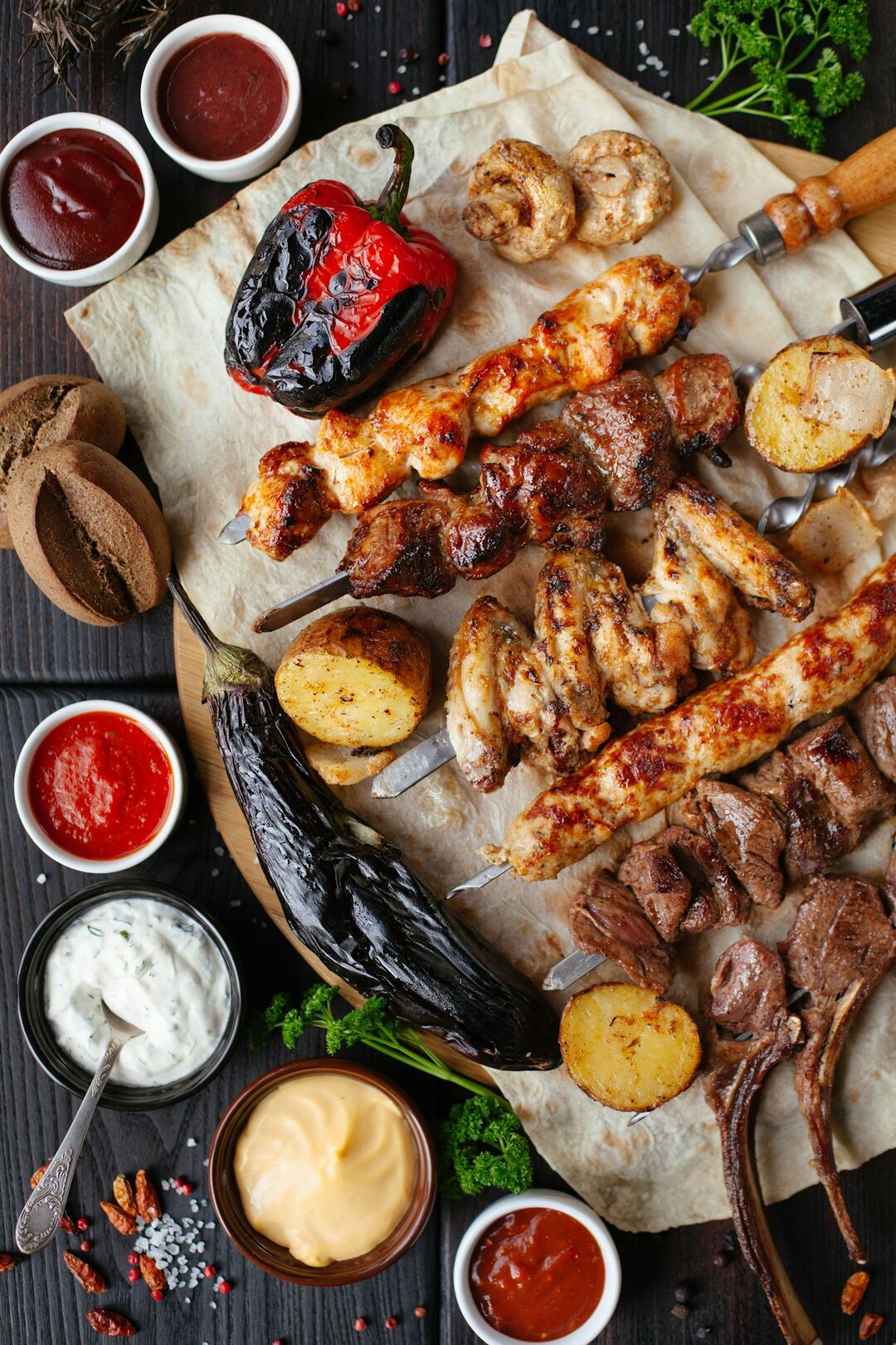 A board of charcoal grills